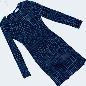 Calvin Klein Faux Wrap Dress Long Sleeves Teal Green & Black Geometric EUC Sz 8